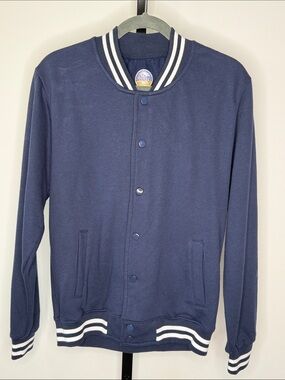 Women's Navy Varsity Jacket with Striped Ribbed Trim